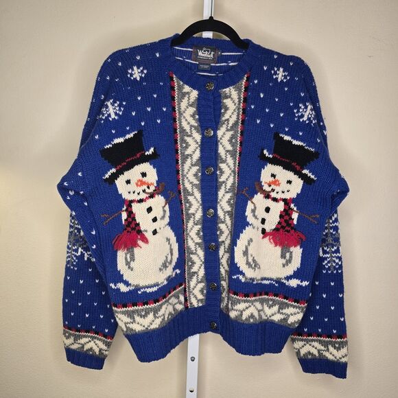 VTG Woolrich Women’s M Handframed Royal Blue Snowman Winter Wool Knit Cardigan - Picture 6 of 16